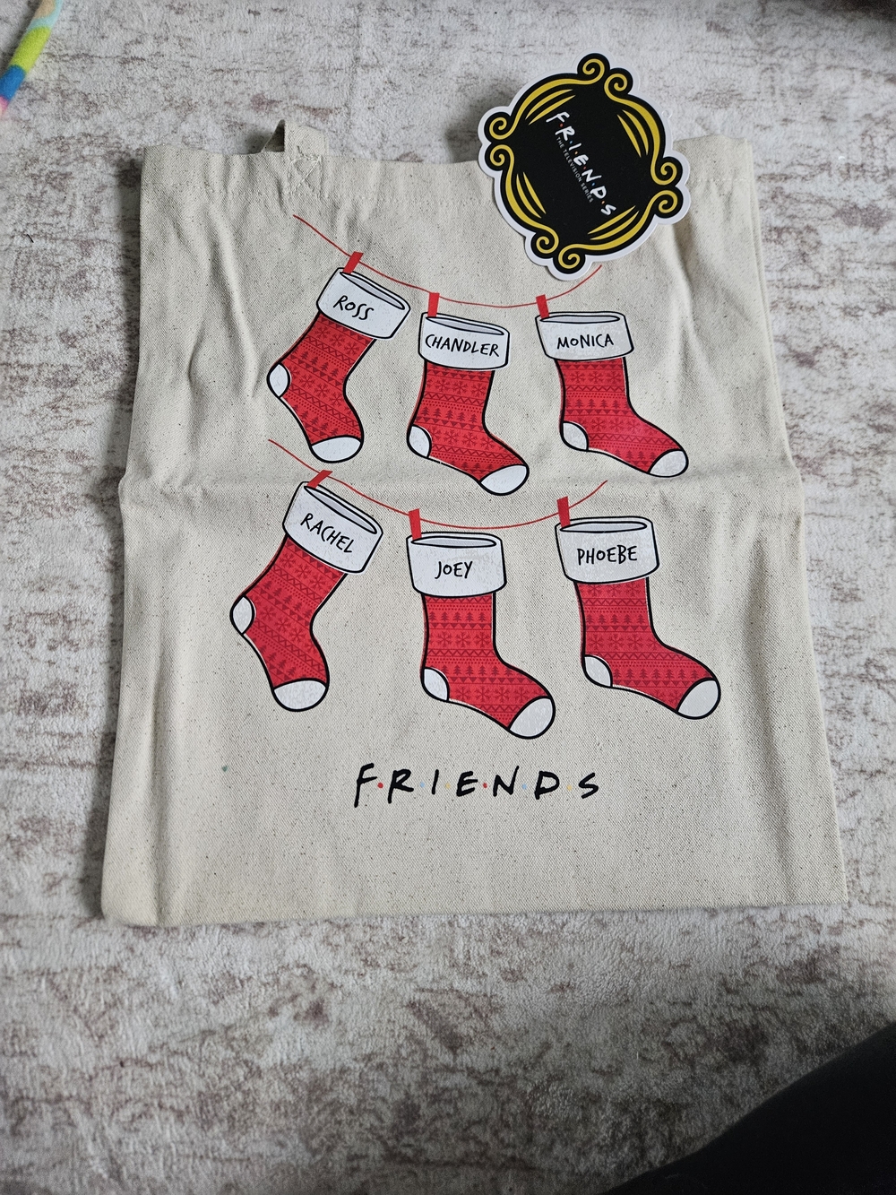 FRIENDS Canvas Tote with Red Holiday Stockings